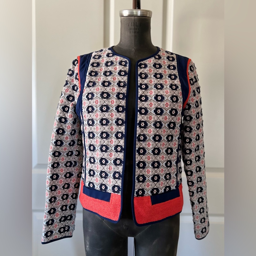 Tory Burch Rainford Daisy Jacquard Quilted Jacket Navy Orange Size 8